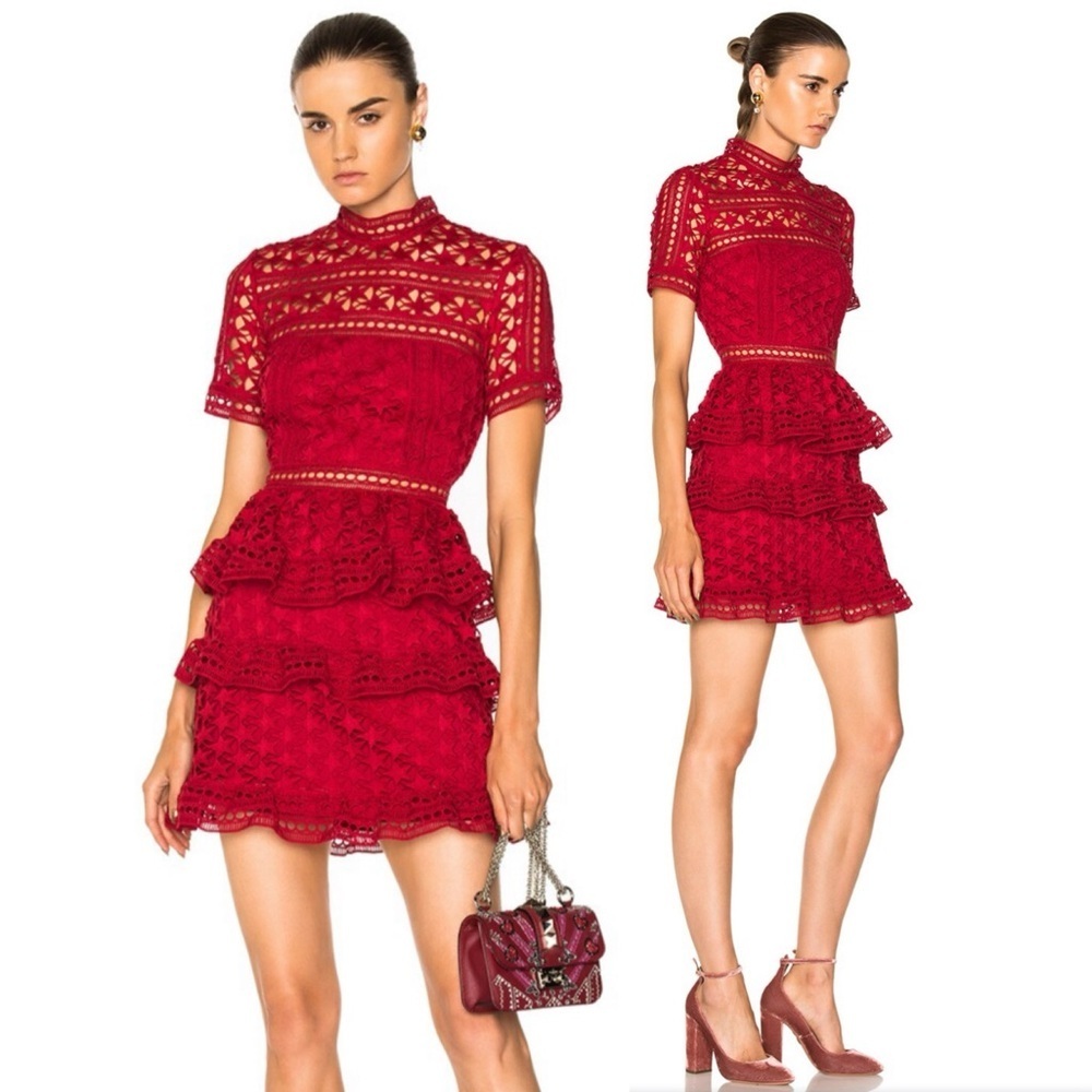 Self-Portrait High Neck Star Lace Panelled Dress in Red